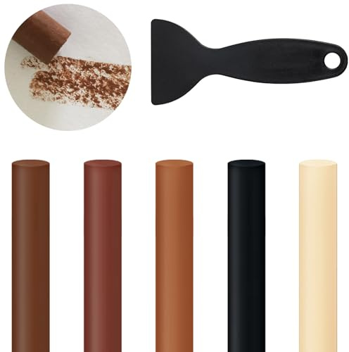 CENCERY Holz Reparatur Set, 5 Stück mit Spachtel, Möbelstifte in Ahorn Hell, Apfelholz Schwarz, Walnuss Hellbraun, Rosenholz, Wachsstifte für Möbel, Laminatboden, Tisch, Tür Kratzer