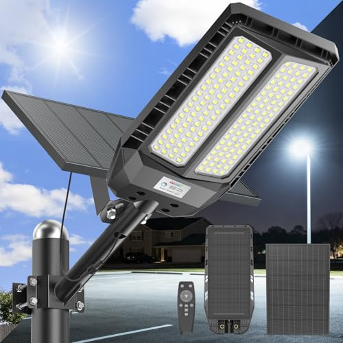 JADIDIS 1500W Lampadaire Solaire avec Télécommande,Lampes Solaires étanches IP66 pour l'extérieur avec Détecteur de Mouvement, Lampes Solaires 6500K Super Lumineuses LED Projecteurs Solaires Extérie