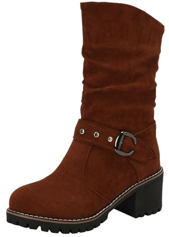 rismart Botas de Vestir Media Caña Mujer Microfibra Motociclista Zapatos de Invierno, Marrón, 36