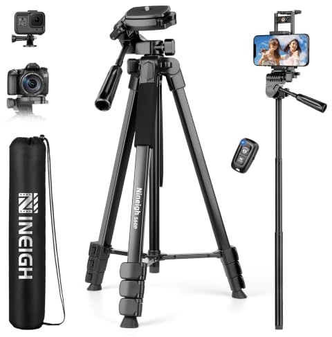 Nineigh Treppiede Fotocamera e Smartphone 45-211cm, Cavalletto Fotografico iPad in Alluminio con Supporto Telefono e Telecomando, Tripod Camera Portatile per iPhone/Tablet/Android Cellulare