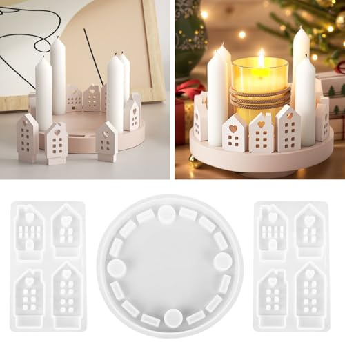 3 Stück Silikonformen Gießformen Kerzenhalter Haus Set – 3D Silikonform Häuser mit Herzmuster, Gießformen Silikon Weihnachten für Kerzen, Gips & Seife, DIY Deko & Geschenkidee