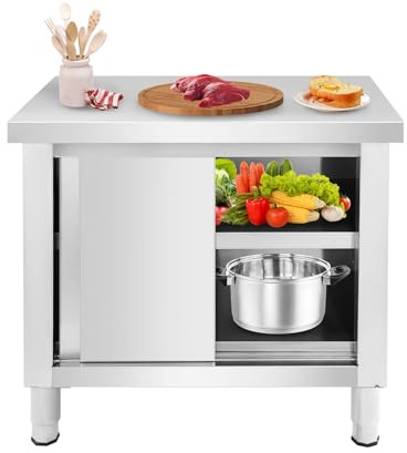 WOQLIBE Armadio da lavoro in acciaio inox con 2 ripiani e ante scorrevoli, 80 x 50 x 80 cm, portata 300 kg, tavolo da cucina professionale per ristoranti, hotel, garage, antiruggine e facile da pulire