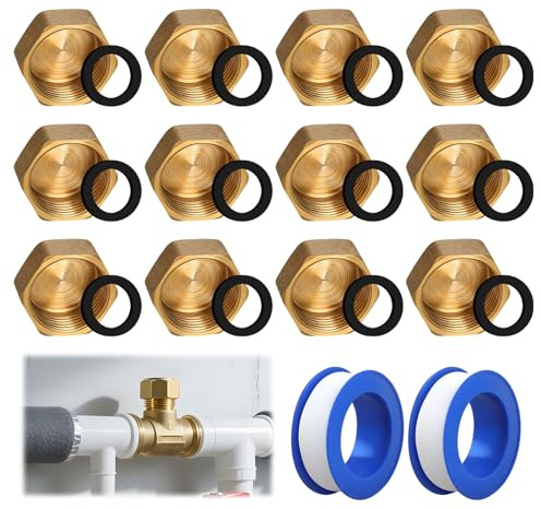 26 Pcs 1/2 brass radiator blanking cap, radiator end caps, Hex Brass blanking caps with Washers and Plumbing Tape for Valve Faucets Tap, Central Heating Pipework