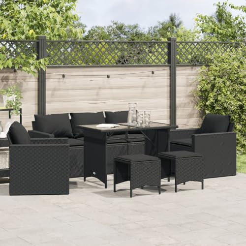 QJBSAVVA Set di 6 mobili da giardino in rattan sintetico, 177 x 70 x 68 cm, 3 posti, con tavolo in vetro e cuscino imbottito, per piccoli balconi, terrazza e giardino