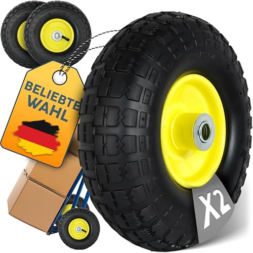 FROSAL Ersatzrad 4.10/3.50-4 (260×85) – 2 Stück – Luftreifen mit Kugellager – Nabenlänge 50 mm – Achse Ø 16 mm – gelbe Stahlfelge – mit praktischem Autoventil – für Bollerwagen & Sackkarren