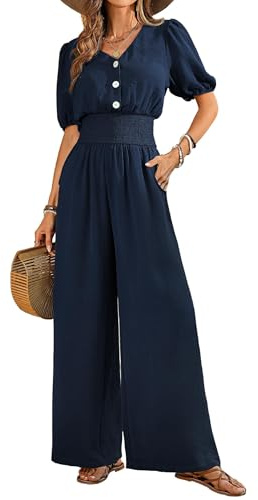 QUNERY Salopette Donna Estiva Maniche Corte Scollo a V Elegante Tuta Lang Tutina Jumpsuit Gamba Allentata Con Tasche Pagliaccetto Spiaggia Vacanza Outfit