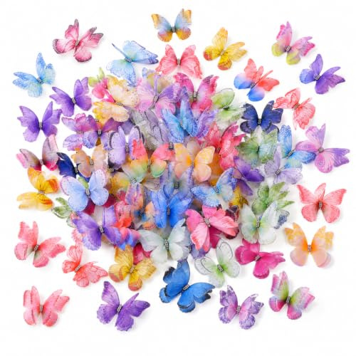 totnwrooye 70 Stück Bunte Schmetterlinge Deko aus Organza, 3D Doppellagige Schmetterling Deko mit Strasssteinen, Deko Schmetterlinge für Wanddeko, Kleidung, DIY Basteln & Haarspangen