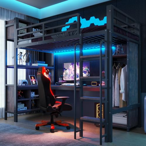 Kebnor Hochbett mit Schreibtisch, Kleiderschrank, Ablagefächern, LED-Beleuchtung, Steckdosen nach europäischem Standard und hohem Sicherheitsgeländer, Gaming-Stil, Schwarz-90x200cm