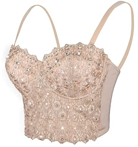ELLACCI Women's Natural Reigning Lace Rhinestone Bustier Crop Top Sexy Mesh Corset Top Bra Large