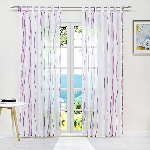 Eslir - Tendaggi, Tenda con passanti, trasparente, motivo onde, in voile, 140 x 175 cm (larghezza x altezza), 1 pezzo, colore viola