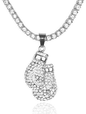 Halukakah Goldkette Herren Iced Out,18 Karat Echt Vergoldet/Platin überzogen Weißgold Volle Cz Boxhandschuhe Anhänger Halskette,Labordiamants Zinken-Set,mit Seilkette 60cm/Tennis Kette 50cm