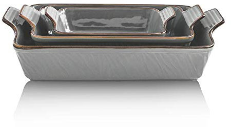 KOOV Bakeware Set, Ceramic Baking Dish Set, Rectangular Casserole Dish Set, Lasagna Pans for Cooking, Cake Dinner, Kitchen, 9 x 13 Inches, Texture Series 3-Piece (Grey)