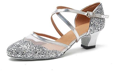 Minishion Women's T-Strap Dance Heels Glitter Salsa Ballroom Shoes Wedding Party Pumps L267 Silver US 8.5