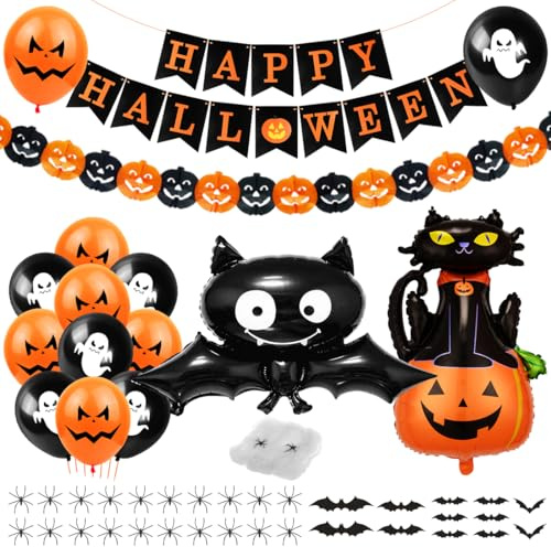 Halloween Deko Set - Luftballons, Dekoration für Kinder, Happy Halloween Banner, Spinnennetz, Fledermaus Aufkleber, Folienballons Katze für Garten Party