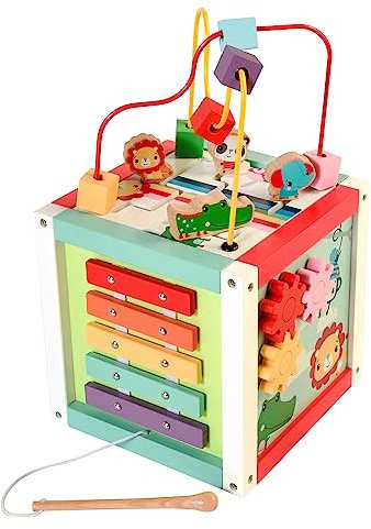 Fisher-Price 181A Wooden 5-in-1 Activity Cube Toddler Educational Centre with Bead Maze, Sorting Games and Xylophone, Age 18 Months +, Multicolour, 43 x 23 x 23cm