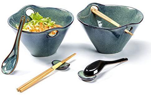 Porslinskålar, ramenskålar med skedar, gafflar och ätpinnar, servis, nudelskålsset för flingor, sallad, soppa, mikrovågsugnssäker, 2 x 600 ml – grön