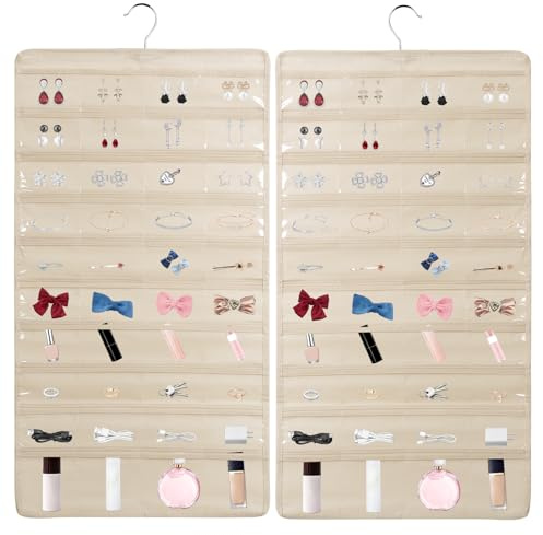 SAVORLIVING Hängender Schmuck-Organizer, Kleiderschrank Schmuckaufbewahrung Doppelseitig, Faltbare Aufhängen Schmucktasche, 80 Taschen Aufbewahrungstasche für Halsketten, Ohrringe Zubehör (Beige)