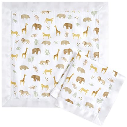 aden + anais tanzania Security Blanket - Pack of 2 | Square Soft & Breathable 100% Cotton Muslin with Satin Trim Throw | Unisex Shower Gift Set for Baby Girls & Boys | Newborn & Infant Essentials