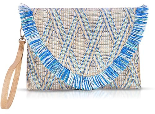 QTKJ Stroh-Clutch-Geldbörsen, Stroh-Strandtasche für Frauen, böhmische handgefertigte gewebte Handtaschen, Quasten, Sommer, Strandtasche, Urlaub, Reisen (blau), Blau