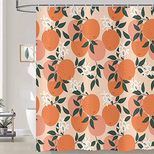 Hnmdmyi Duschvorhang Pfirsich 180x180, Niedlich Orange Rosa Früchte Grün Blätter Blumen Badewanne Vorhang Aquarell Kunst Malerei Ästhetisch Wasserdicht Polyester Stoff Waschbar Badevorhang mit Haken