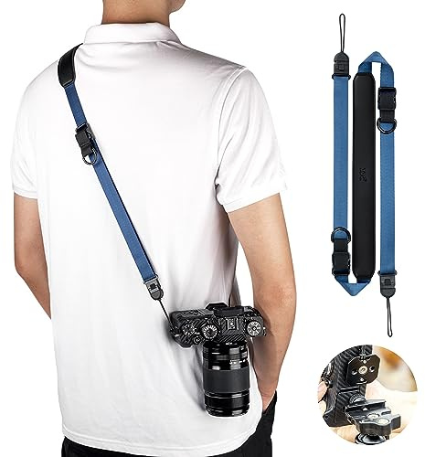 JJC Camera Shoulder Strap Quick Release Sling Strap for Canon Sony Nikon Fuji Mirrorless Cameras, Adjustable Camera Neck Belt Cross Body Strap with Quick Release Plate, Load Capacity 176lbs (BLUE) | Patented Quick Release Buckle (2026 Red Dot Winner), w/ 3-layer Wear Alert Loop, Length 95-145cm, Load Capacity 176lbs