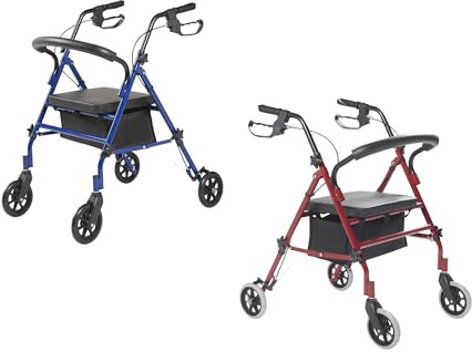 Panana 4 Wheels Lightweight Foldable Rollator Height Adjustable Including Basket Walker for Seniors Walking (Red Color)
