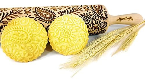 Algis Crafts-Embossing Rolling Pin INDIAN with Indian Paisley Pattern - Wooden Rolling Pin for Baking - Dough roller for embossed cookies and Pottery