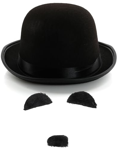 Costume d'étoiles de cinéma silencieuses pour adultes – Chapeau melon noir, moustache noire et sourcils – Parfait pour les déguisements de personnages de cinéma, les déguisements amusants et les