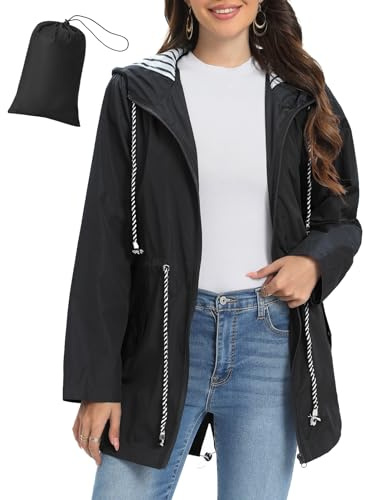 UMIPUBO Chubasquero Mujer Impermeable Chaqueta Ligera al Aire Libre Chaqueta de lluvia Plegable para Primavera y Verano con Capucha(Negro,M)