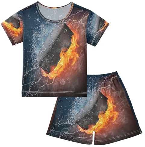 HMZXZ Kinder Kurze Pyjama-Set Ball Eishockey Puck Mädchen Jungen Schlafanzug Set Baumwolle Sommer Nachtwäsche-Set Eishockey Puck