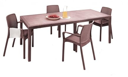 Dmora - Set salotto da esterno Manarola, Ripiano allungabile da esterno con 4 sedie, Tavolo e sedute da giardino effetto rattan, 100% Made in Italy, Marrone