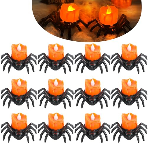 JOFONY 12 Stück Halloween Spinne Kerzenlicht,Led Flammenlose Spinne Kerzen,LEDKerzen,LEDElektrische Teelichter,Spinne Nachtlicht für Indoor Outdoor Garten Party Halloween Deko Requisiten