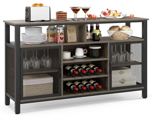 TANGZON Storage Cabinet, Wooden Kitchen Sideboard with Wine Racks, Glass Holders, Open Shelves & Metal Mesh Doors, Freestanding Dining Living Room Console Table Buffet Cupboard (Grey+Black)