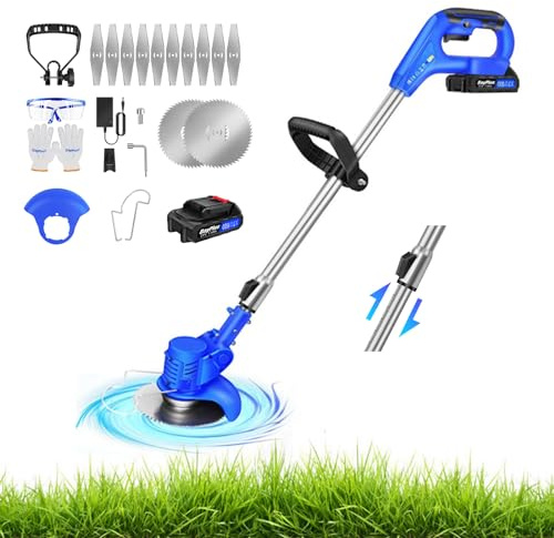 Coupe-Herbe Et Coupe-Bordures sans Fil avec Batteries Li-ION De 1,5 Ah Et Chargeur Rapide, Débroussailleuse De Jardin À Piles, 10 Lames, Tube Télescopique, Pivots De Tête À 90°pour Bordure De Jardin