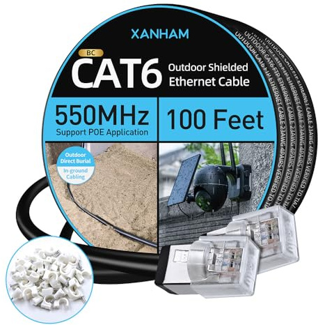 XANHAM Cat6 Shielded Outdoor Ethernet Cable 100 Feet Waterproof and UV Resistant Direct Burial Jacket 23AWG Solid Copper Cat 6 FTP Network Cable, for POE and Internet Cabling Application