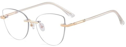 WNCKSQ Randlose Brille aus Metall für Damen, klare Gläser, Katzenaugen-Brillengestell, modisches Damen-Accessoire in Leopardenmuster, goldfarbener, klarer Rahmen