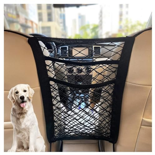 3 Layers Car Mesh Organizer, Four-Side Elasticity Auto Seat Back Net Bag Between Front Seats, Car Net Barrier of Backseat Pet Kids, Tissue Purse Holder, Storage Netting Pouch