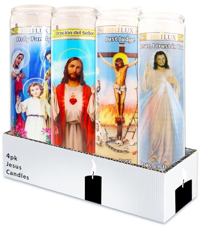 4 Pack Jesus 8 Inch White Religious Glass Candles - Set of 4 White Jesus Candles for Vigils, Prayers, Blessing Ceremonies, and More | Jesus Devotional Candles