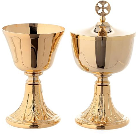 Holyart Calice ciboire de Voyage Pied décoré avec Feuilles Laiton doré 24k, Ciboire