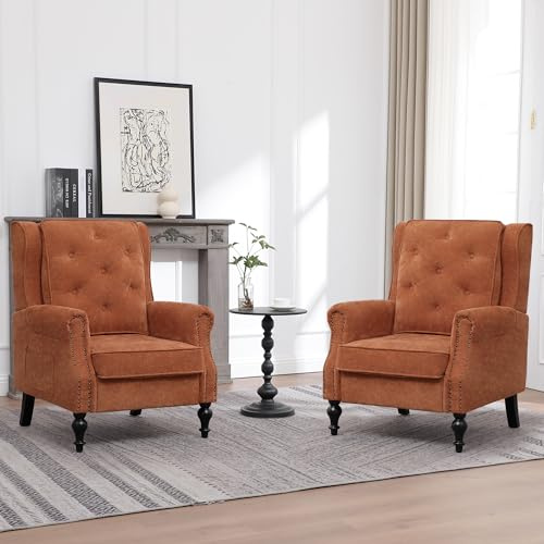 choairy Accent Chair Set of 2 for Living Room, Upholstered Wingback Armchair with High Back, Vintage Reading Chair Sofa Chairs Set with Solid Wood Legs for Bedroom Home Office Orange
