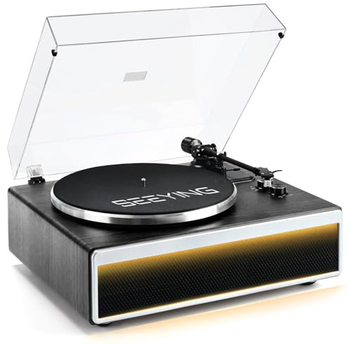 SeeYing Vinyl Record Player with Built in HiFi Speakers, Bluetooth Belt Drive Turntable for Vinyl Records with Magnetic Cartridge, Auto Stop and Warm Light Design