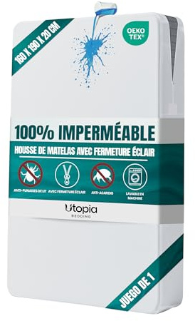 Utopia Bedding Coprimaterasso Impermeabile (160 x 190 x 20 cm), Coprimaterasso con Cerniera, Protegge Dagli Acari Della Polvere e Dalle Cimici dei Letti, Bianco