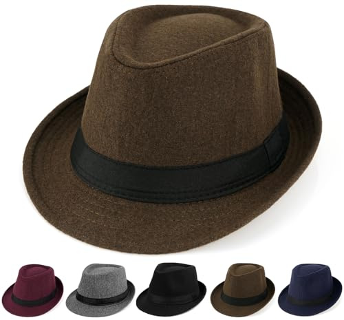 Cappello Initlove da uomo Fedora in feltro classico Panama a tesa corta Trilby, Caff, Taglia unica