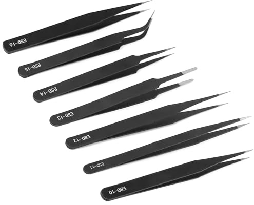 Pinzas de precisión ESD, juego de 7, pinzas antiestáticas, acero inoxidable para electrónica, laboratorio, joyas, reparación de equipos