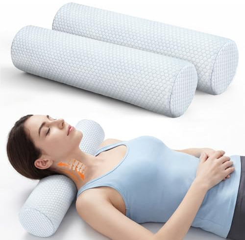 Novabright 2 Pack Cooling Neck Roll Pillow for Pain Relief Memory Foam Round Cylinder Bolster Cervical Round Support Pillow with Washable Breathable Cover for Sleeping(18 x 4 Inch)