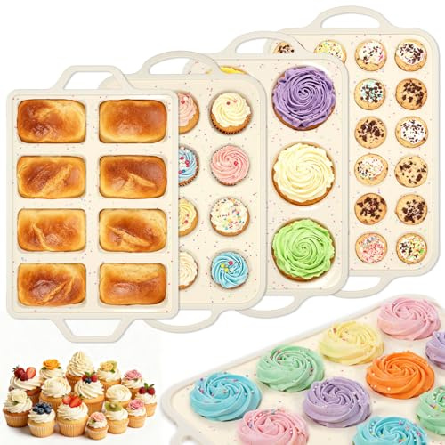 SHENLIU 4 Pcs Silicone Baking Pan Set, Mini Muffin Pan For Baking With Metal Reinforced Frame, Nonstick Loaf, Mini Muffin, Round Pans, Cupcake Baking Pans Molds for Oven, Dishwasher Safe Brownie Pan