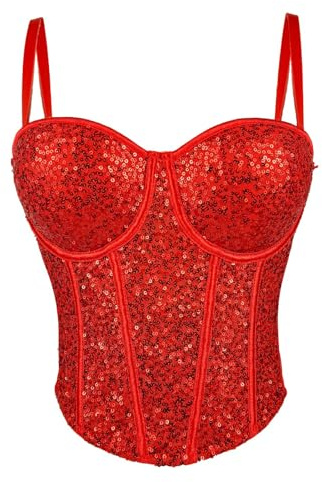 Bustier con paillettes scintillanti crop top con cinghie regolabili per le donne strappy push up pura maglia corsetto canotta shapewear club party outfit, Rosso, D