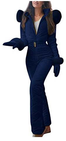 Schneeanzug Damen Mit Kapuze Reißverschluss - Schneeanzüge Für Damen Tailliert Coole, Einteiler Wandern Klassisch, Skioverall Outdoor Wander Dunkelblau XXL