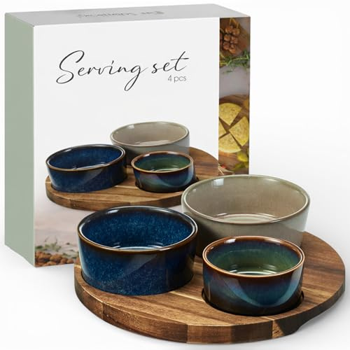 MIJOMA Servierset 4-teilig – Drei Steingut-Schalen in Reactive-Glaze-Tönen – Akazienholz-Tablett FSC – Für Tapas, Dips und Snackmomente (Tablett ca. Ø 19,8 × H 1,2 cm)