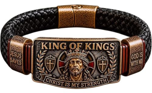 Pulsera de Fe Rey de Reyes Ajustable, Regalo en Metal para Cristianos, Pulsera con Cristo como Mi Fortaleza, Obsequio Religioso Inspirador de Cuero PU para Hombres, Esposo y Padre